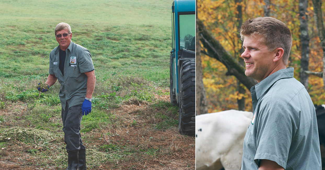 Left: Don checking the land. Right: Seth with the cows out in the fields.