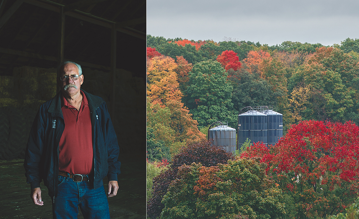 Left: Jim Stearns. Right: Silos amongst the mountain foliage.