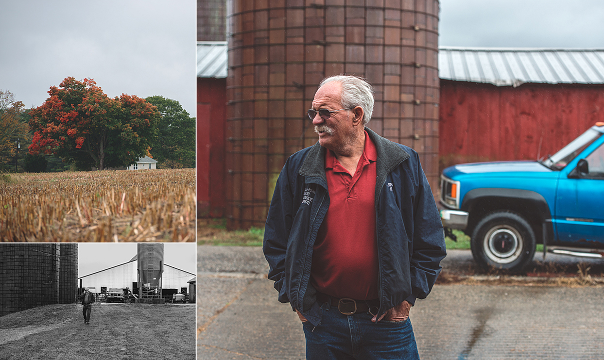 Clockwise from top left: One of the family homes on the farm. Jim heading out to inspect the caw barn. Working the phones