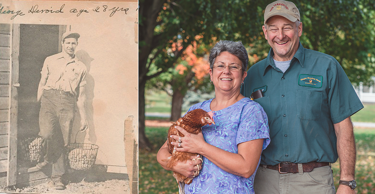 Left: George C. emerging from the original hen house. Right: The son and his wife, George and Jackie with one of their Rhode Island Reds
