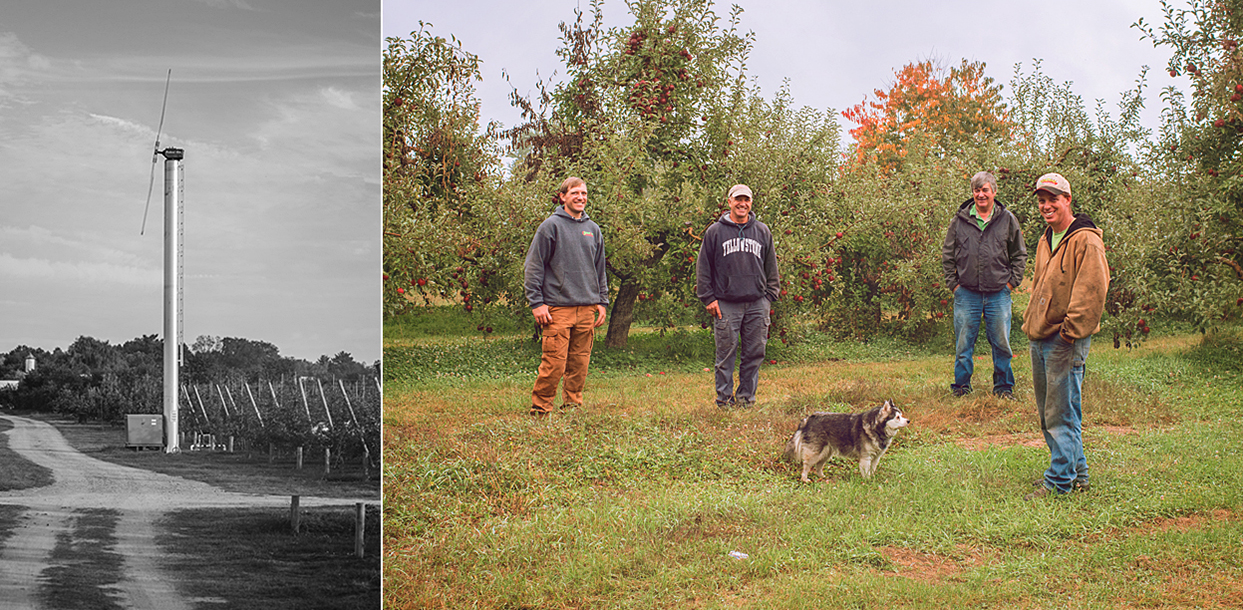 Left: Clean energy producing windmill on the farm. Right: The Samascott men: Jake, Jake's Dad, Bryan's Dad, Bryan.